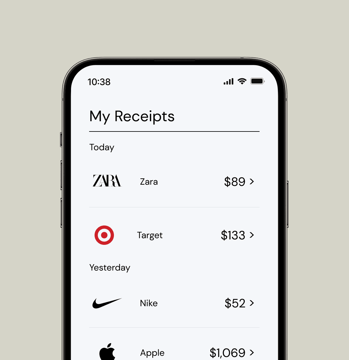 Receipts list on a mobile phone